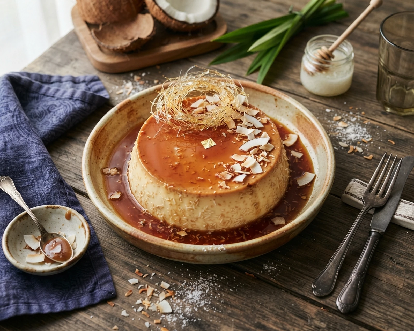 Flan à la noix de coco maison présenté dans son plat de service, avec sa texture et sa garniture visibles
