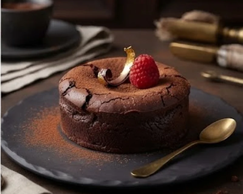 Floressance au chocolat sombre à la texture fondante servie sur assiette