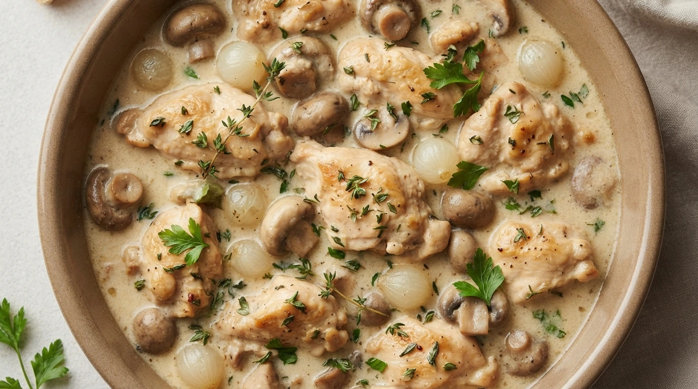 Fricassée de poulet au vin blanc et aux champignons