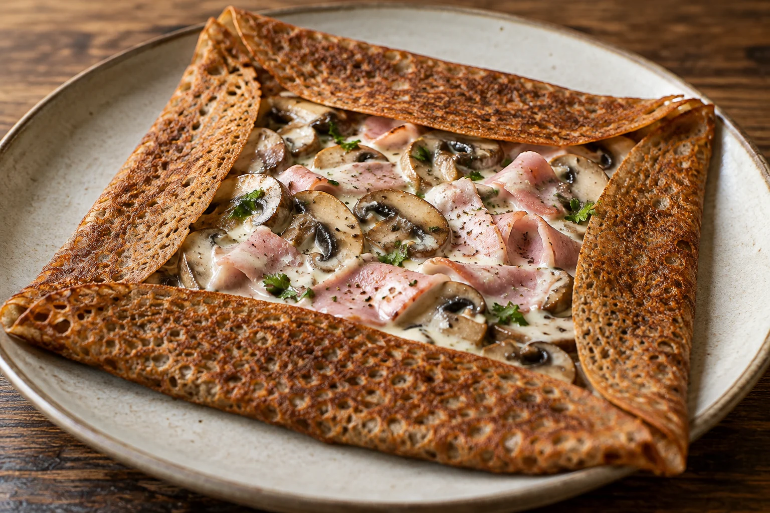 Galette jambon, champignons et crème
