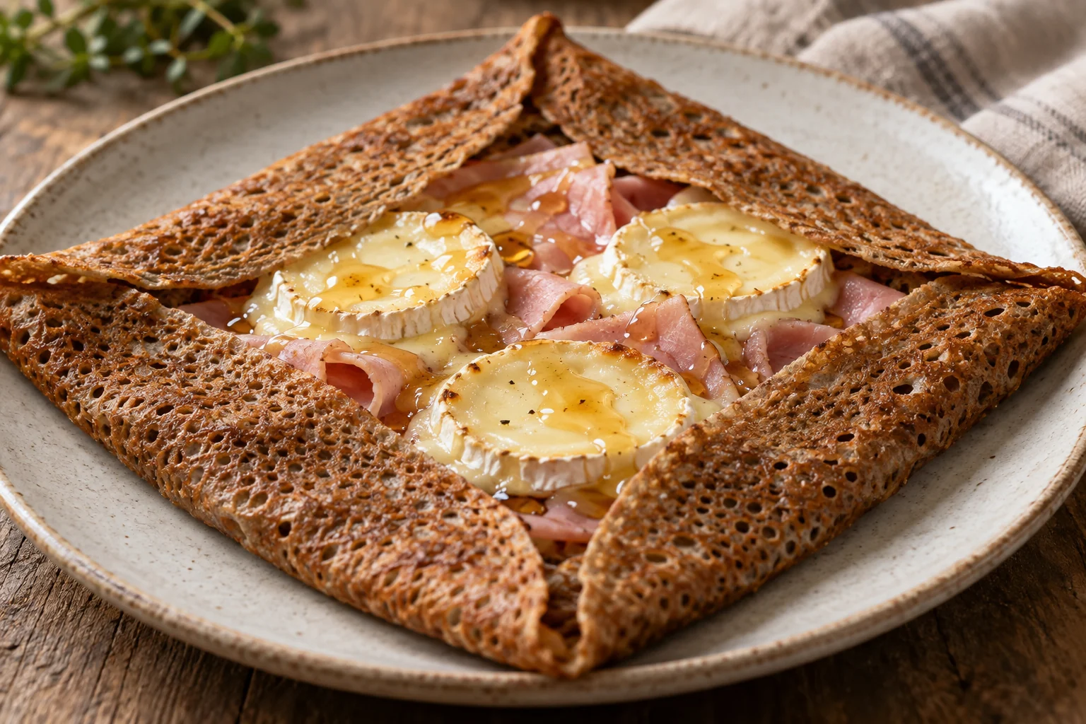 Galette jambon, chèvre et miel