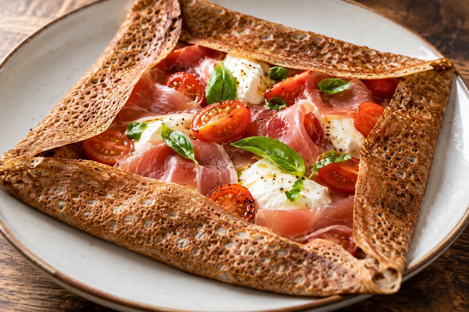 Galette jambon cru, mozzarella et tomates