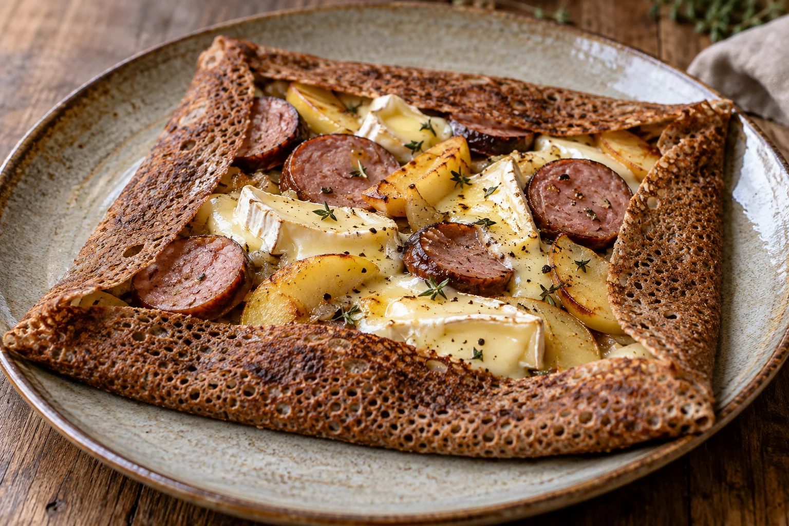 Galette andouille, pommes et camembert