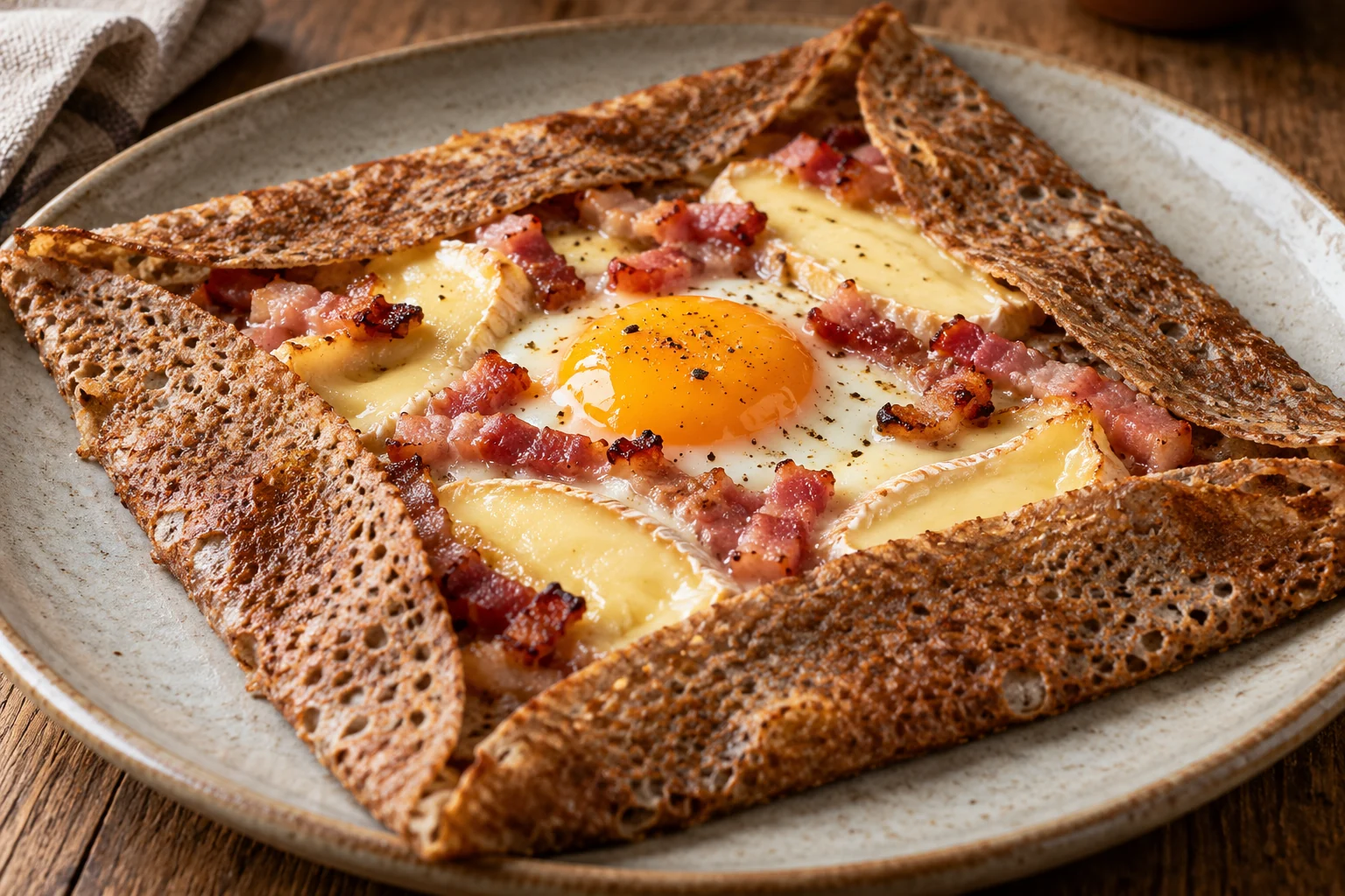 Galette lardons, œuf et reblochon