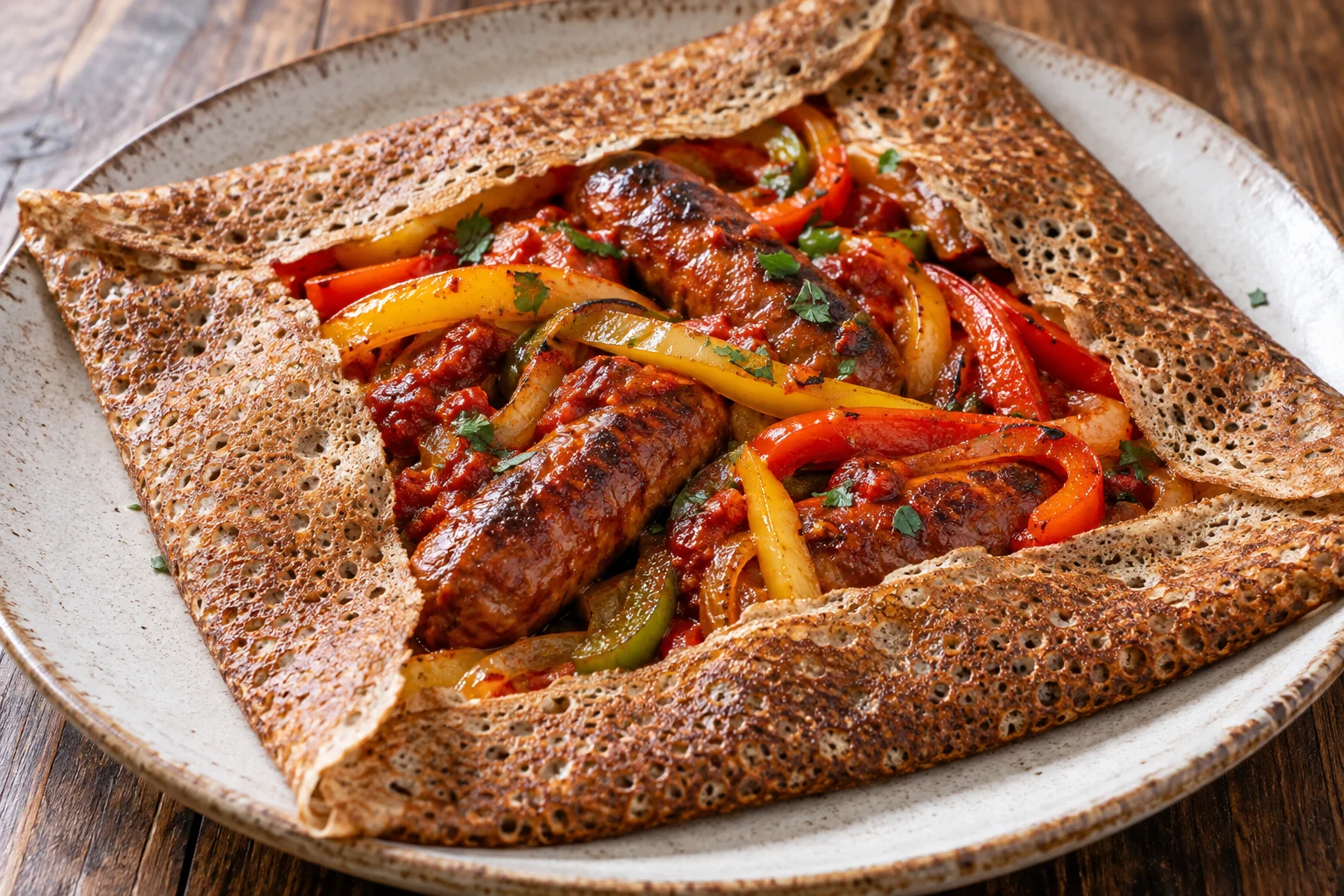 Galette merguez, poivrons et harissa douce