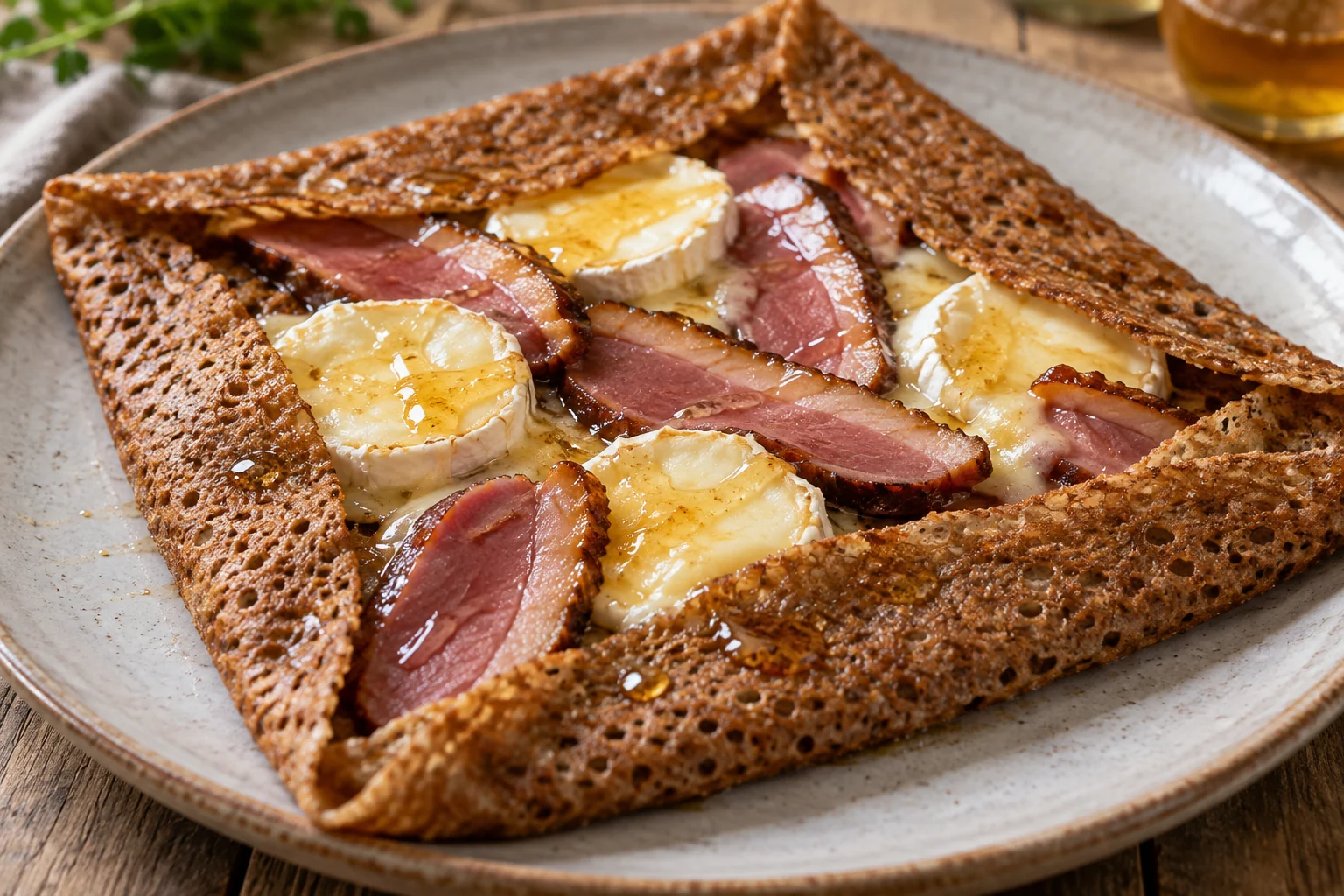 Galette magret fumé, chèvre et miel