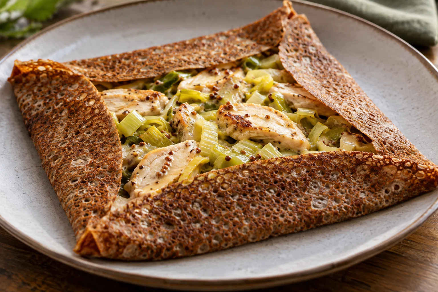 Galette poulet, poireaux et moutarde