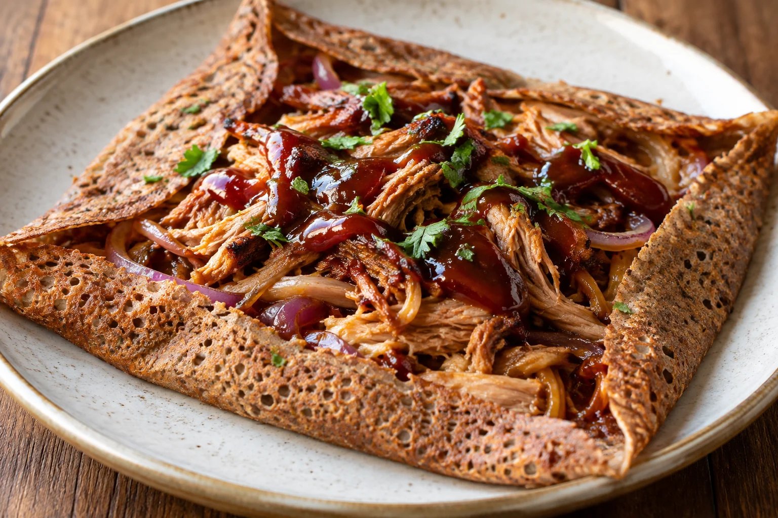 Galette effiloché de porc et sauce barbecue