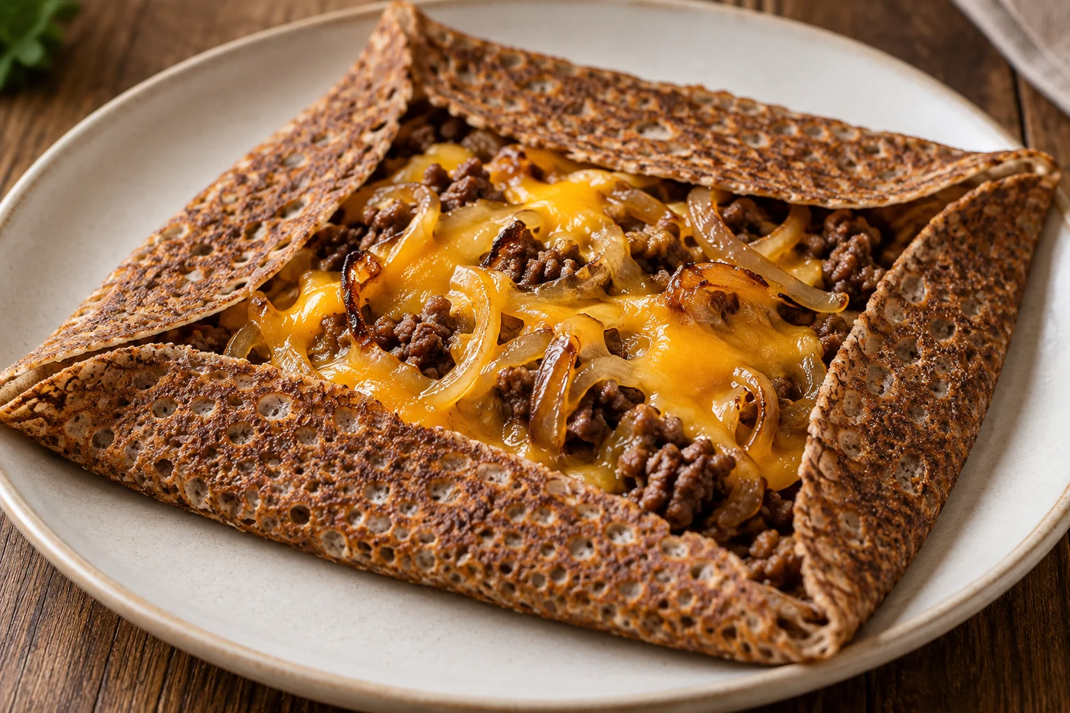 Galette bœuf haché, cheddar et oignons