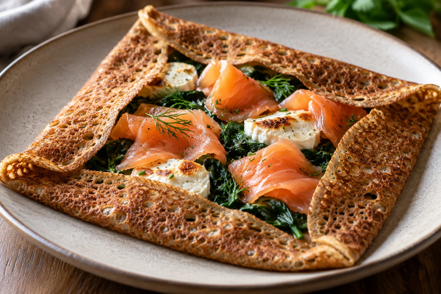 Galette saumon fumé, épinards et chèvre