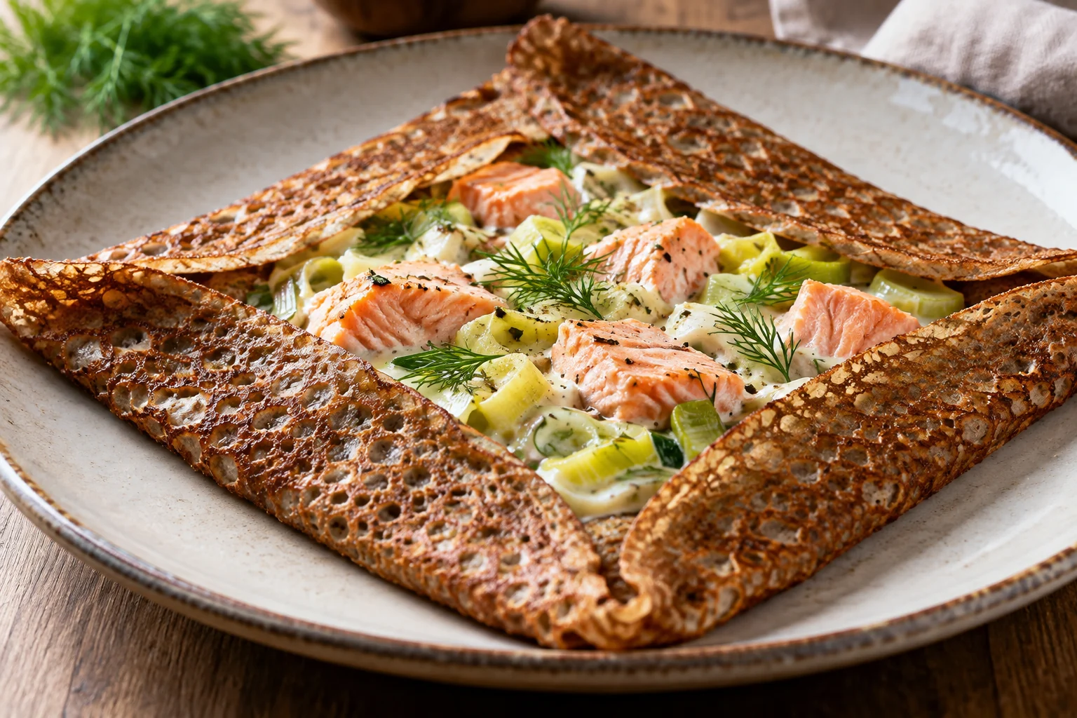 Galette saumon frais, poireaux et crème