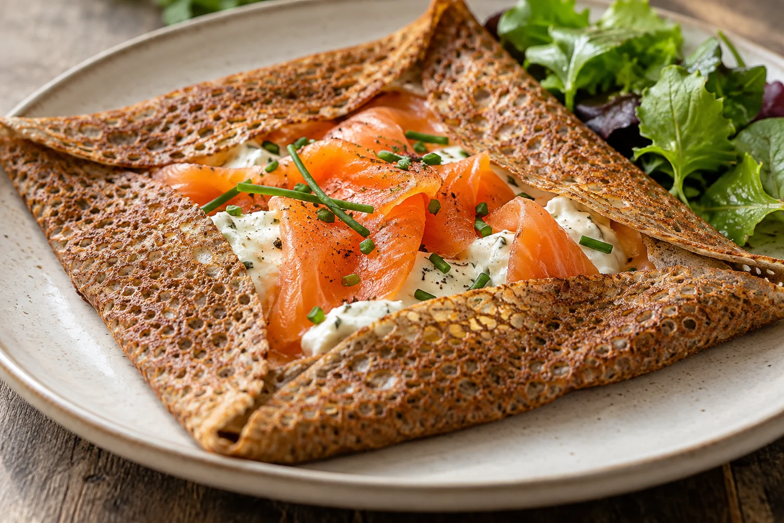 Galette truite fumée, fromage frais et ciboulette