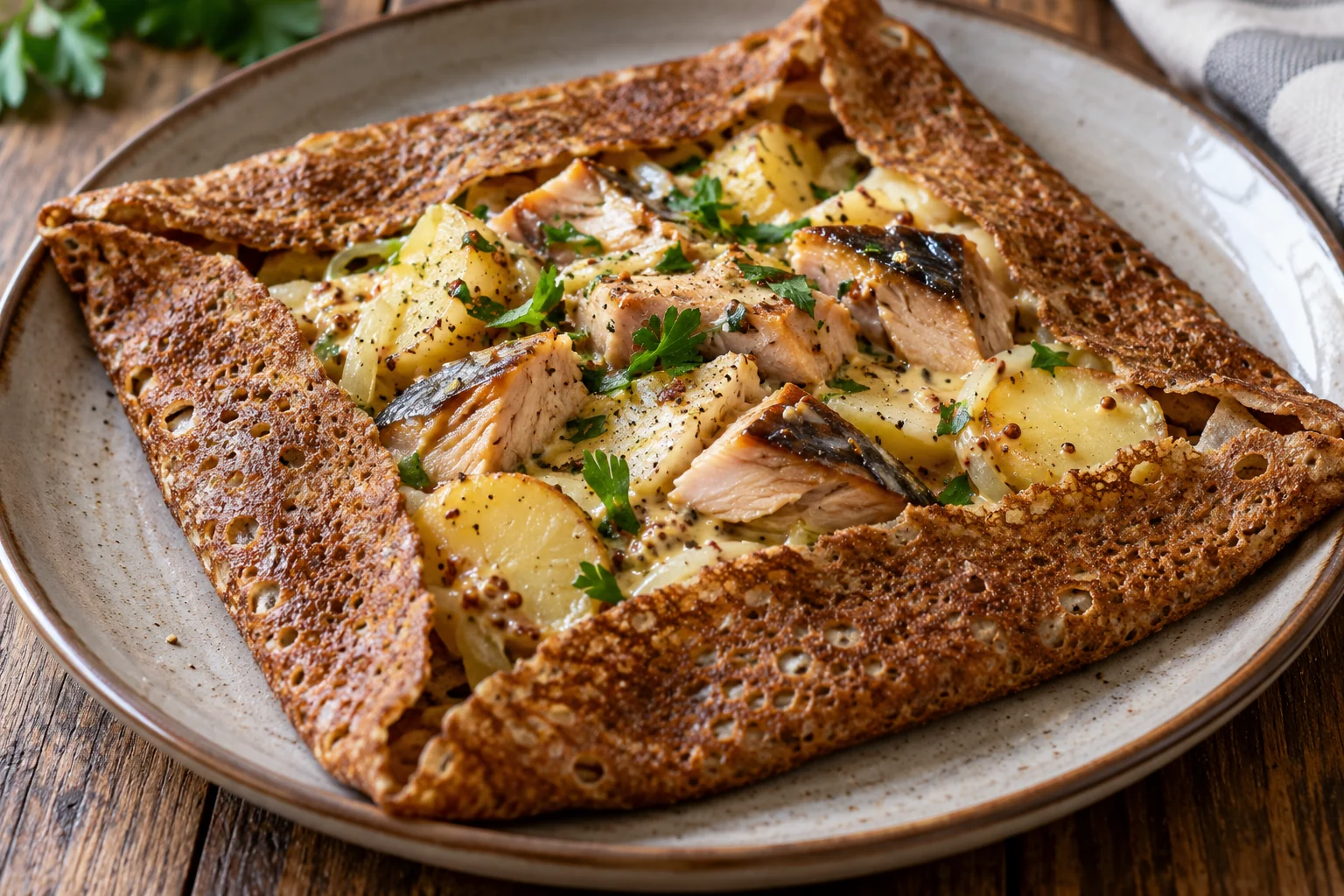 Galette maquereau fumé, pommes de terre et moutarde