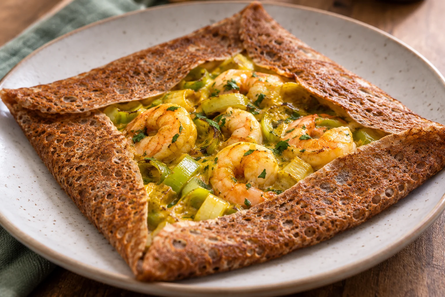 Galette crevettes, poireaux et curry