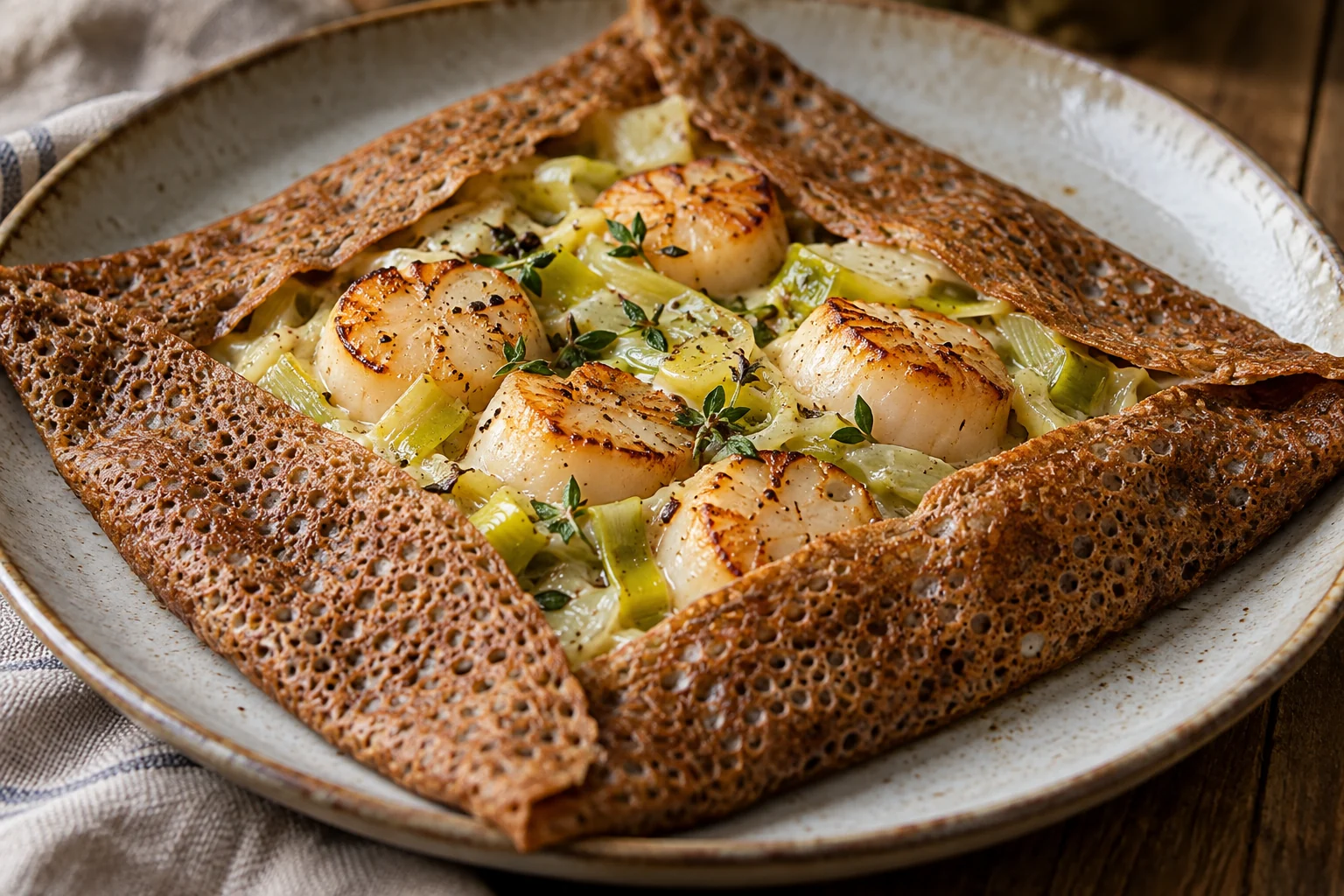 Galette noix de Saint-Jacques et fondue de poireaux
