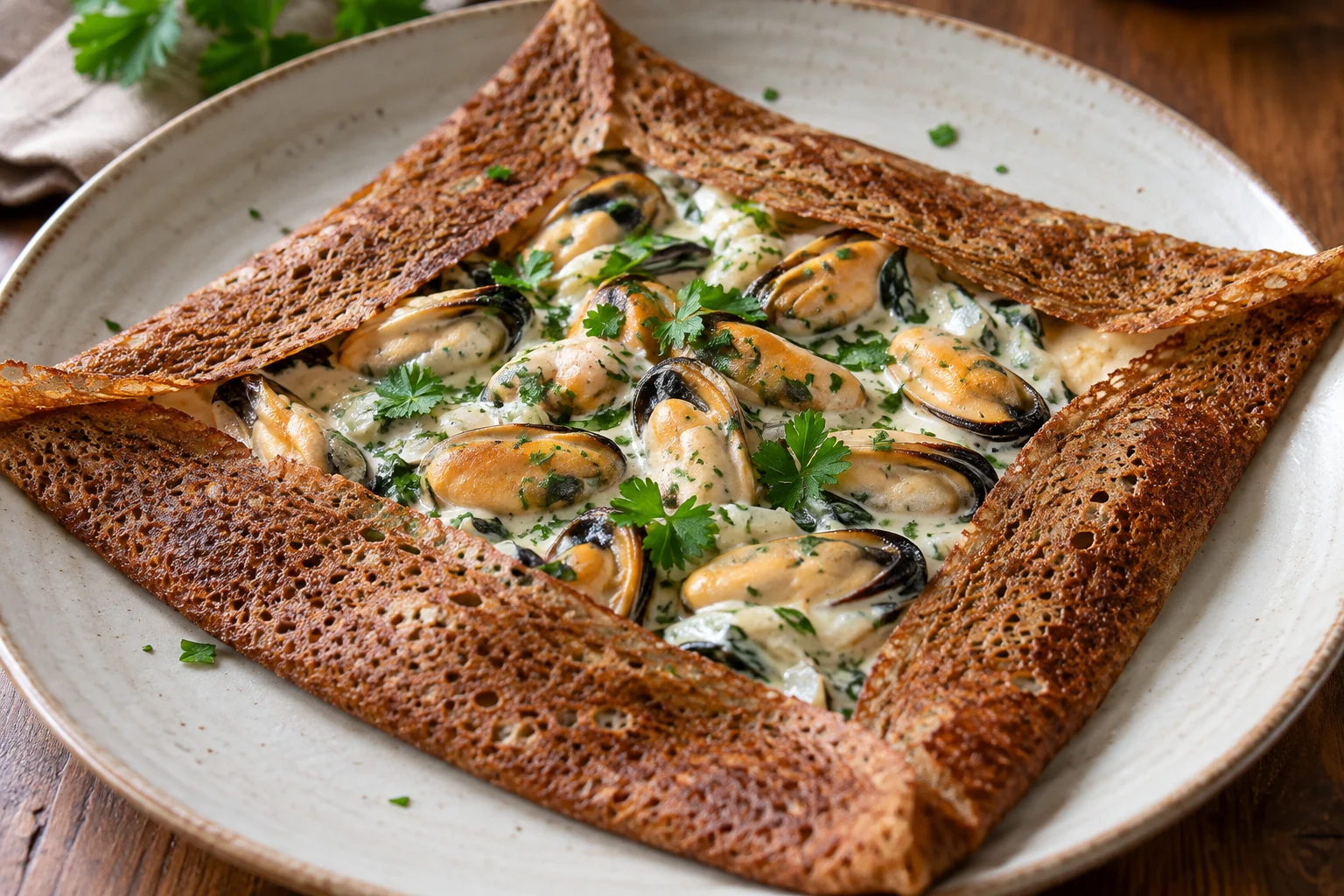 Galette moules, crème et persil
