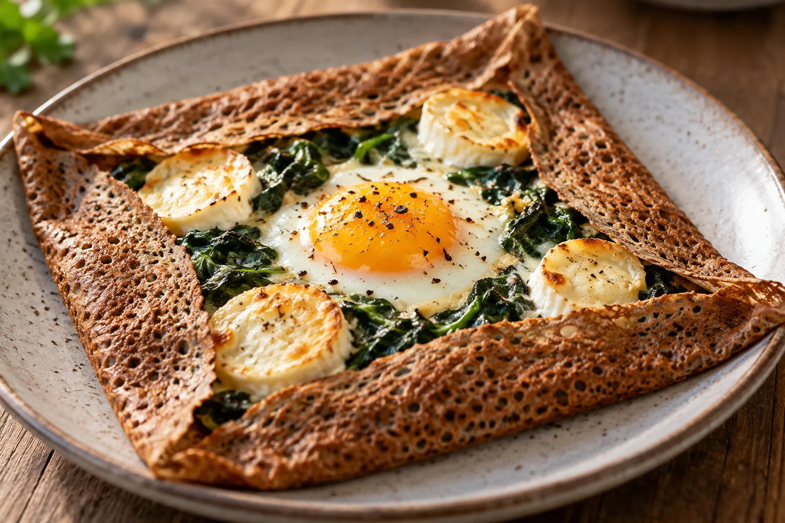 Galette chèvre, épinards et œuf