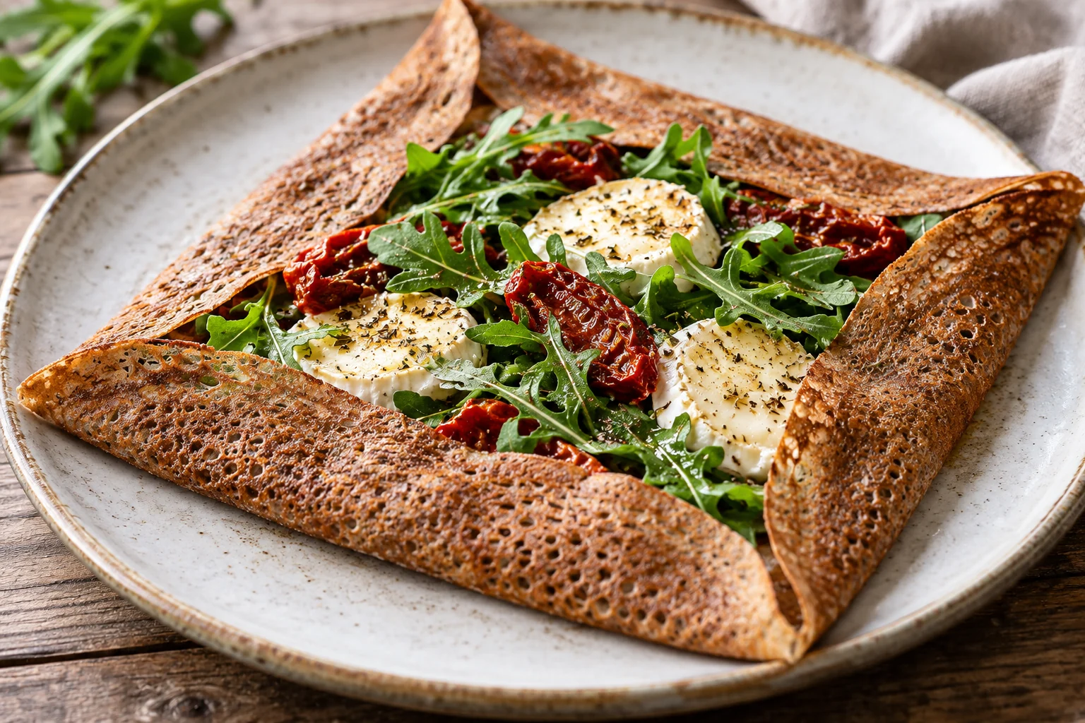 Galette chèvre, tomates séchées et roquette