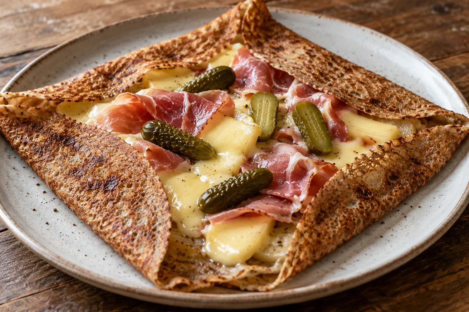 Galette raclette, jambon cru et cornichons