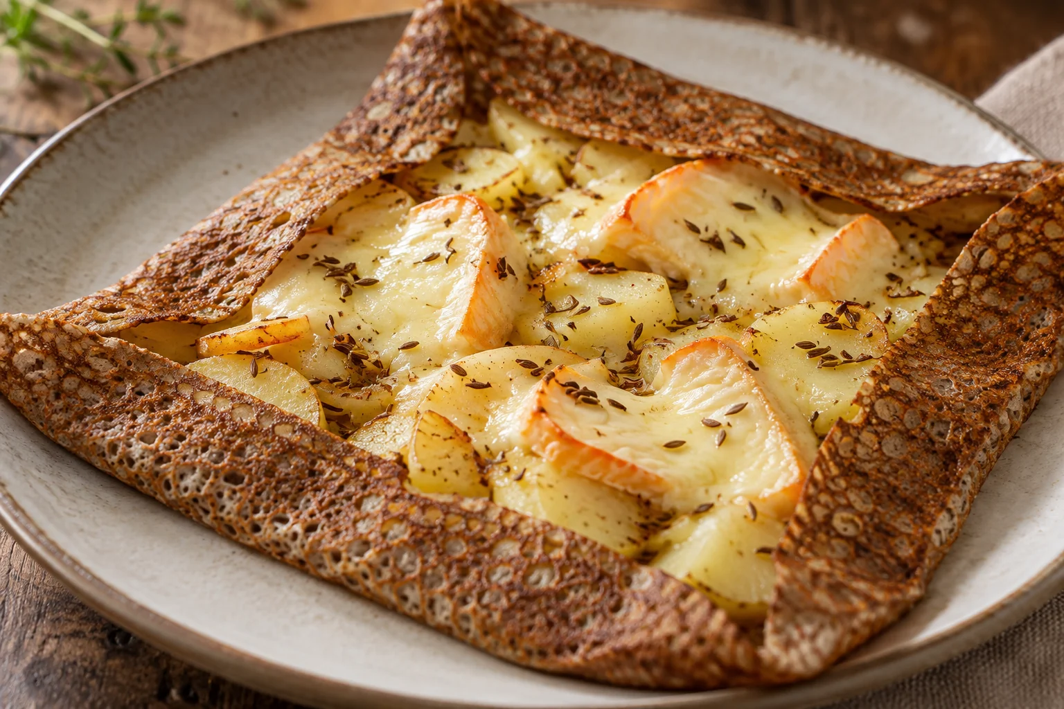 Galette munster, pommes de terre et cumin