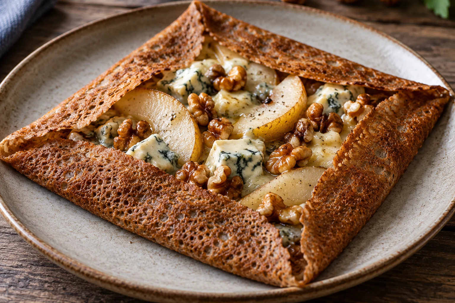 Galette bleu d’Auvergne, poires et noix
