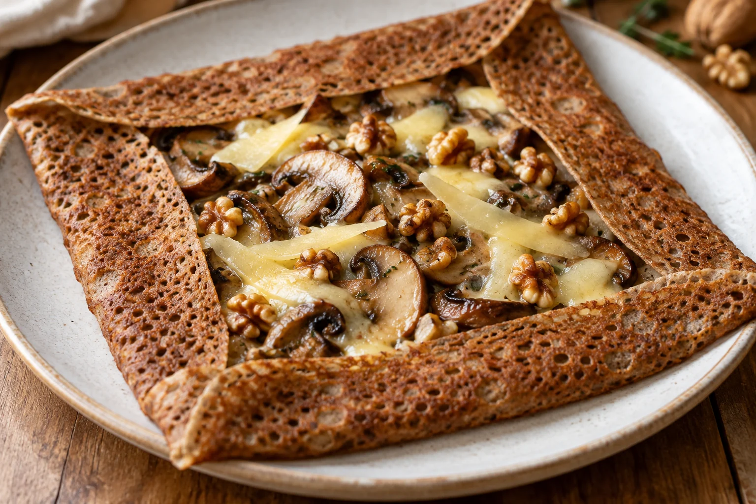 Galette comté, champignons et noix