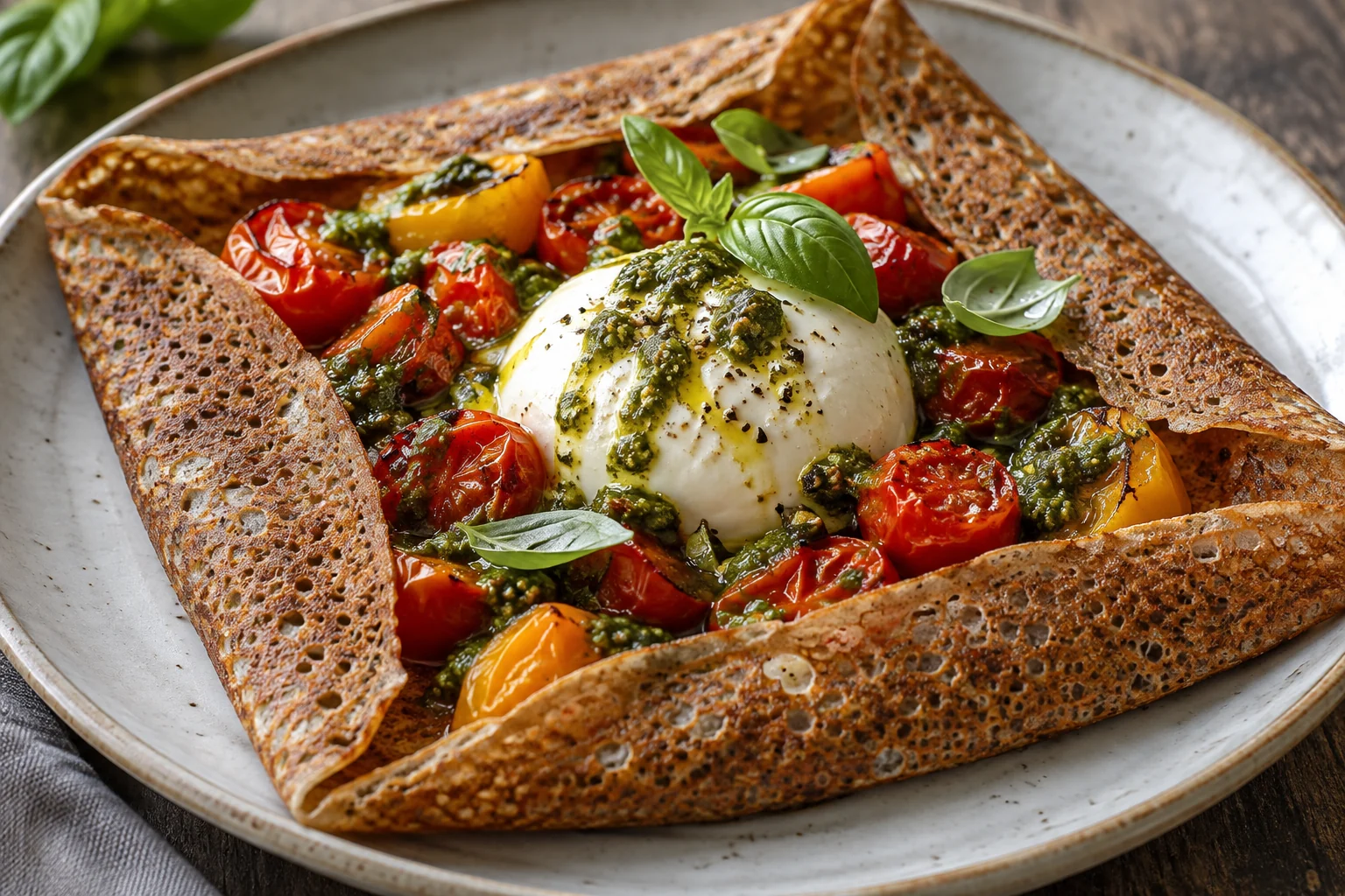 Galette burrata, tomates rôties et pesto