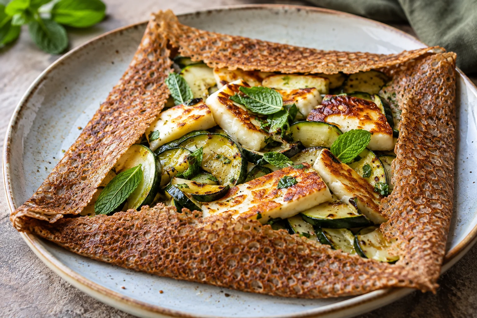 Galette halloumi, courgettes et menthe