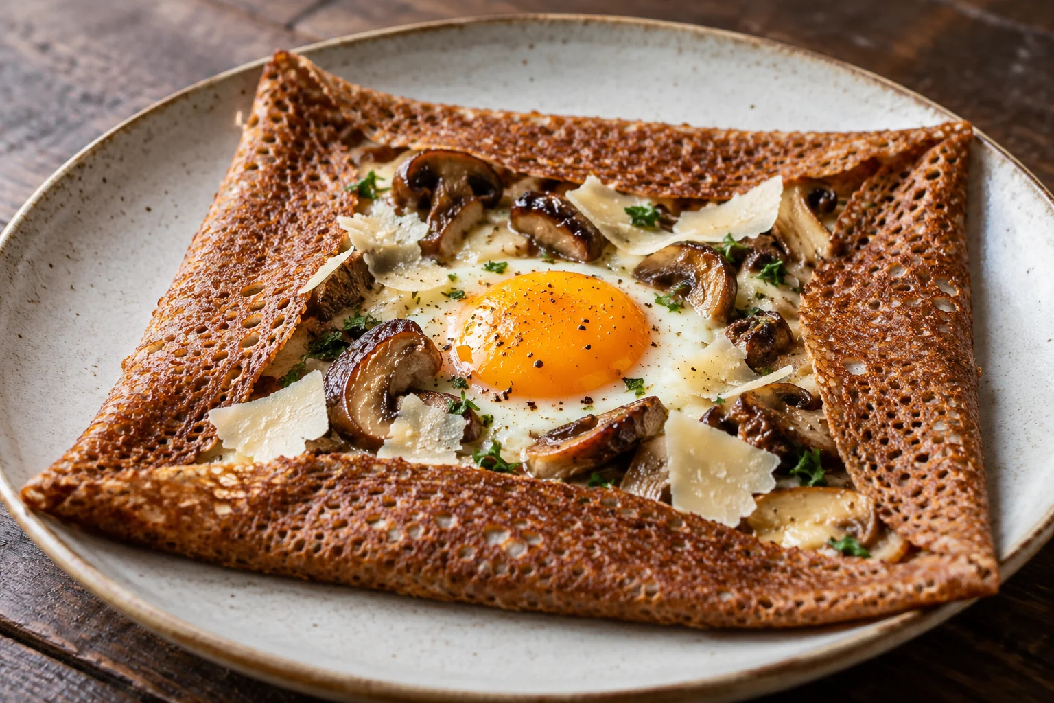 Galette cèpes, œuf et parmesan