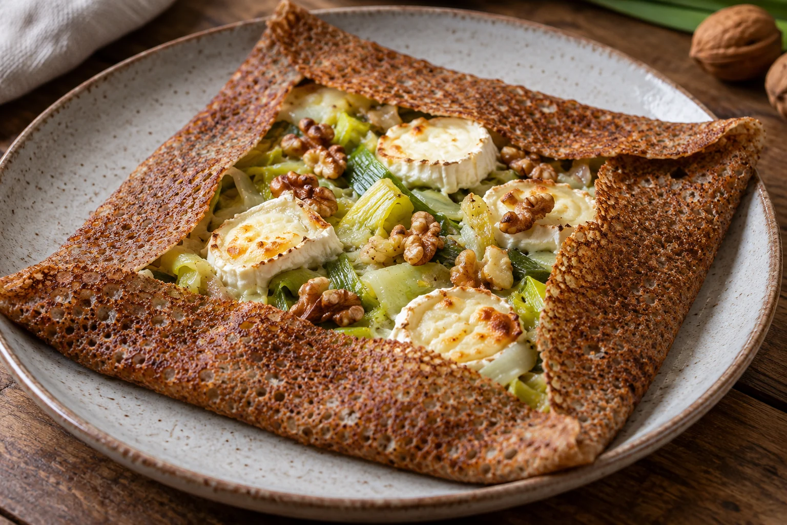 Galette poireaux, chèvre et noix