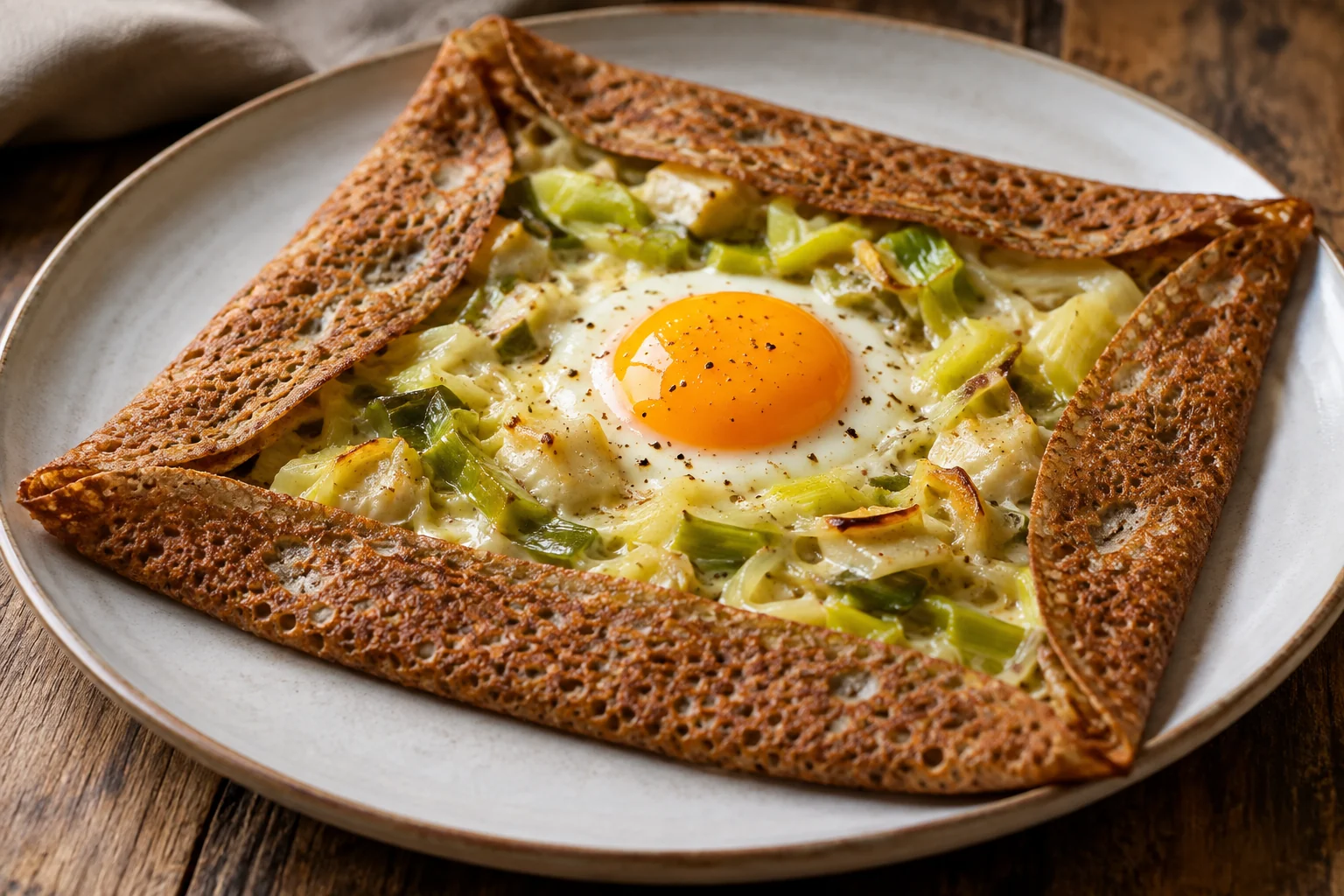 Galette fondue de poireaux et œuf