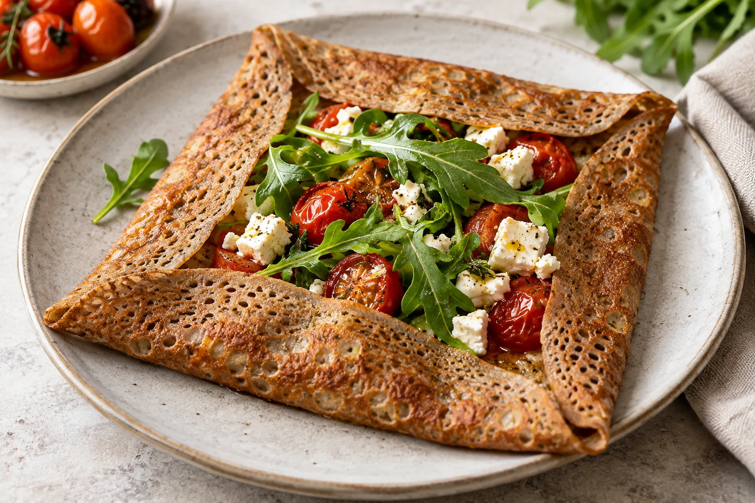 Galette tomates confites, feta et roquette