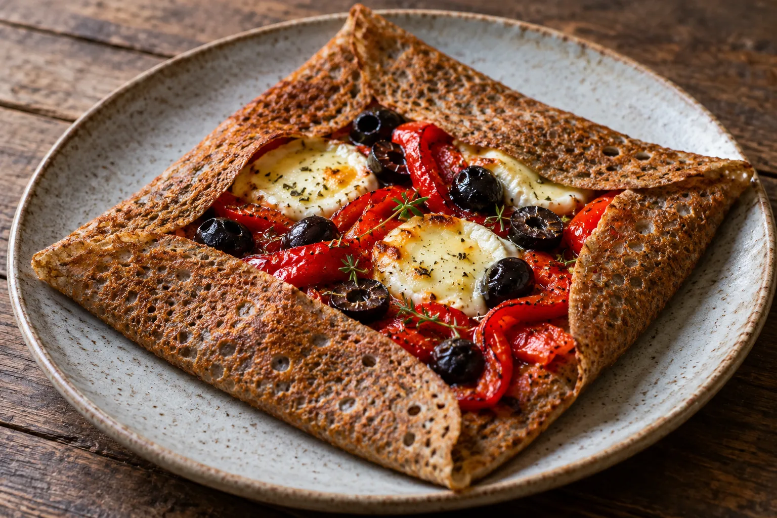 Galette poivrons grillés, chèvre et olives