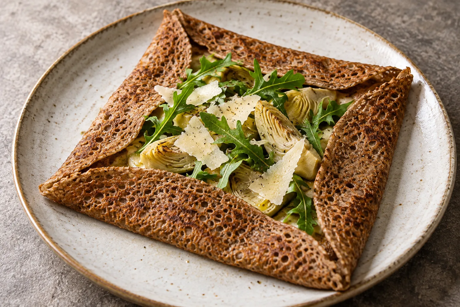 Galette artichauts, parmesan et roquette