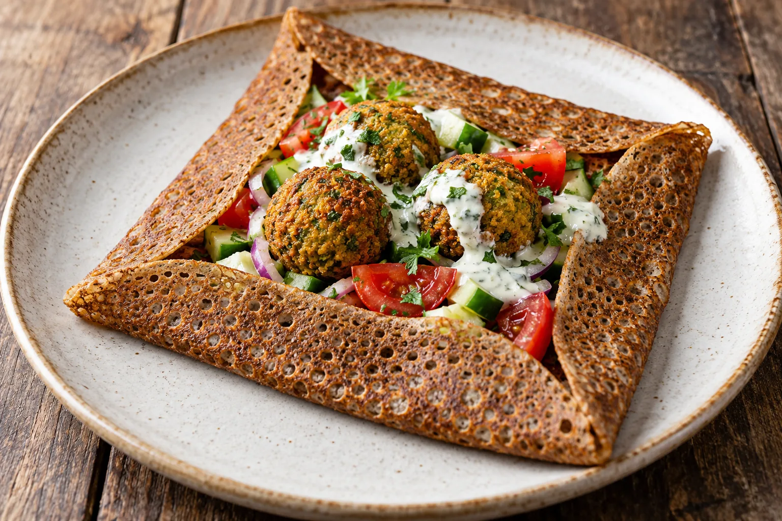 Galette falafels, crudités et sauce au yaourt