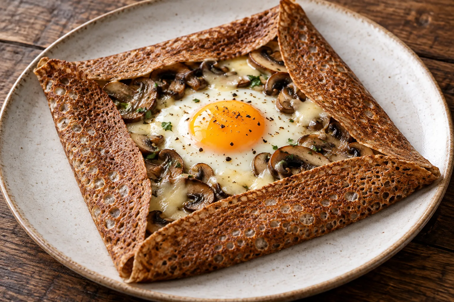 Galette œuf, champignons et comté