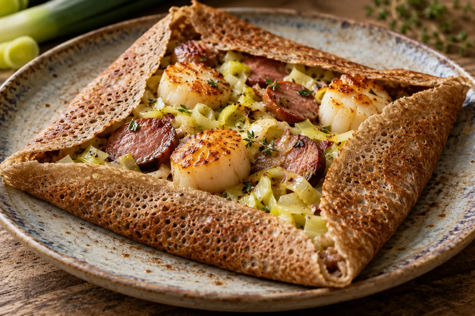 Galette terre et mer aux Saint-Jacques et à l’andouille