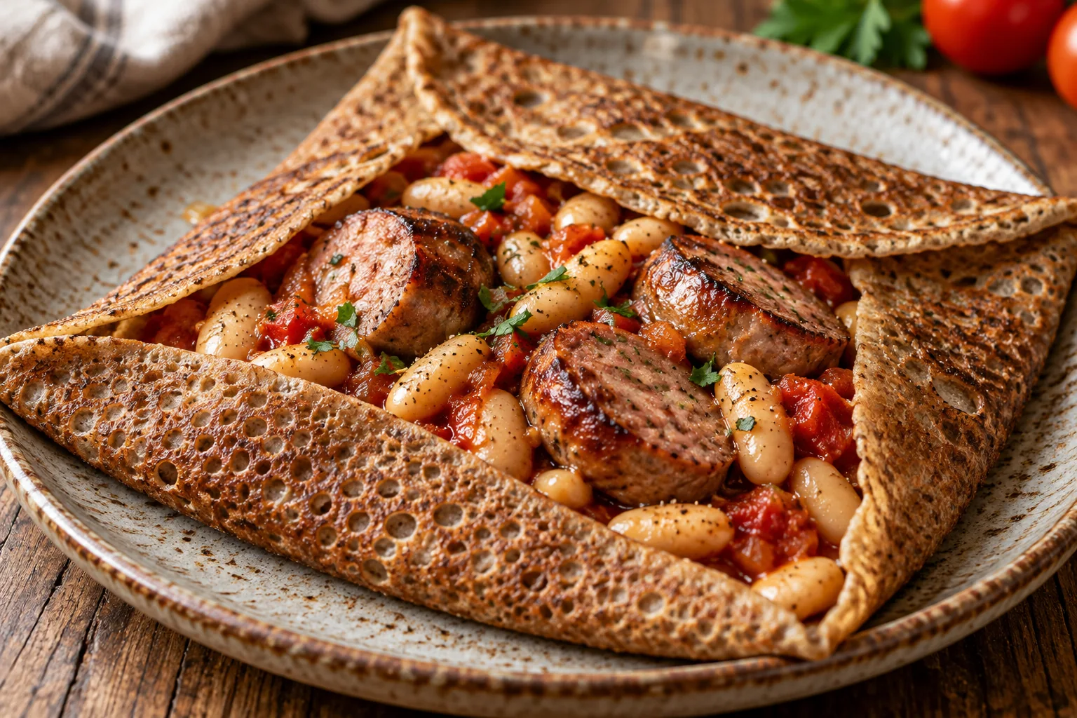 Galette saucisse de Toulouse, haricots blancs et tomates