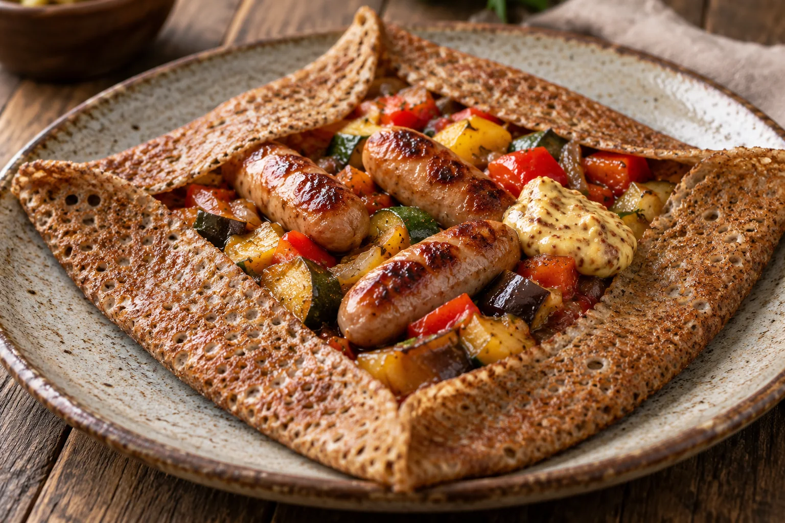 Galette chipolatas, ratatouille et moutarde