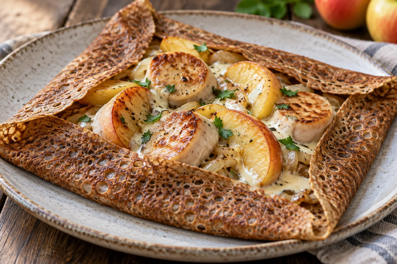 Galette boudin blanc, pommes et crème de cidre