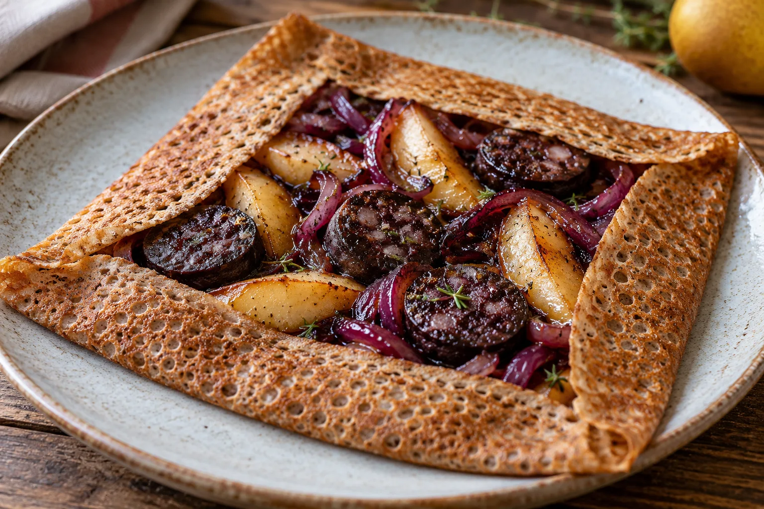 Galette boudin noir, poires et oignons rouges
