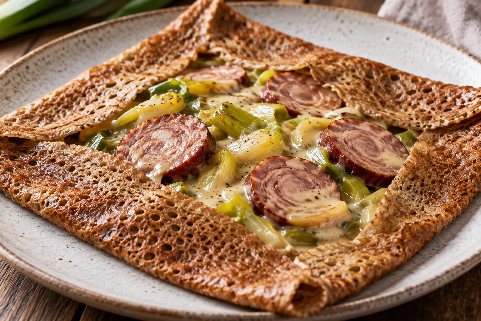 Galette andouille, poireaux et sauce au cidre