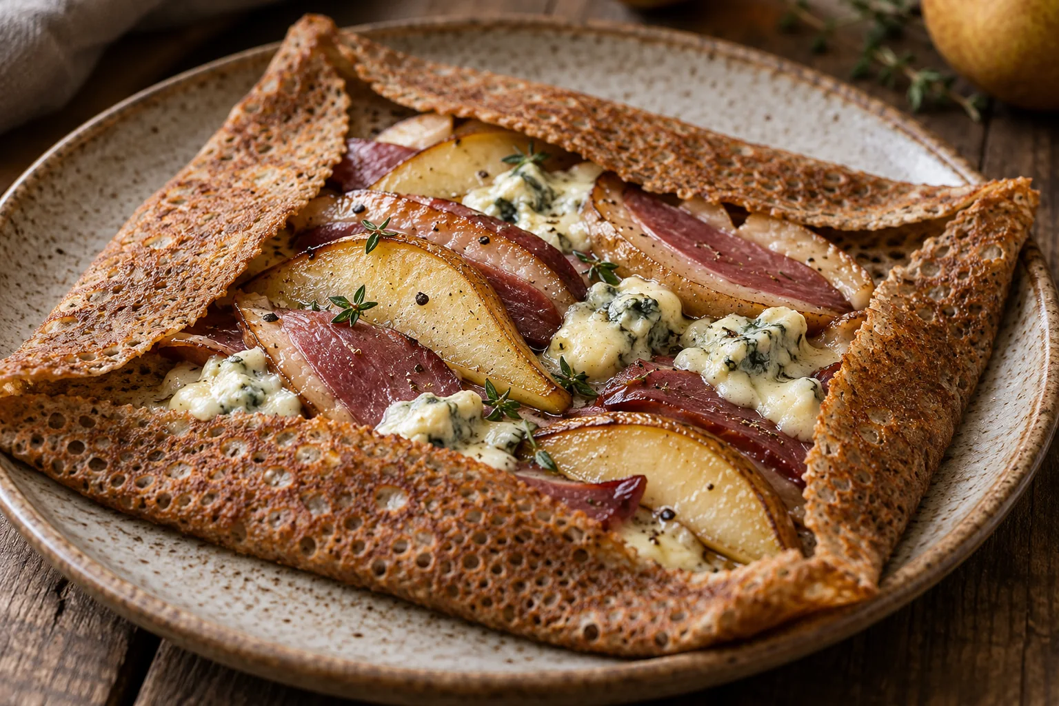 Galette canard fumé, poires et bleu