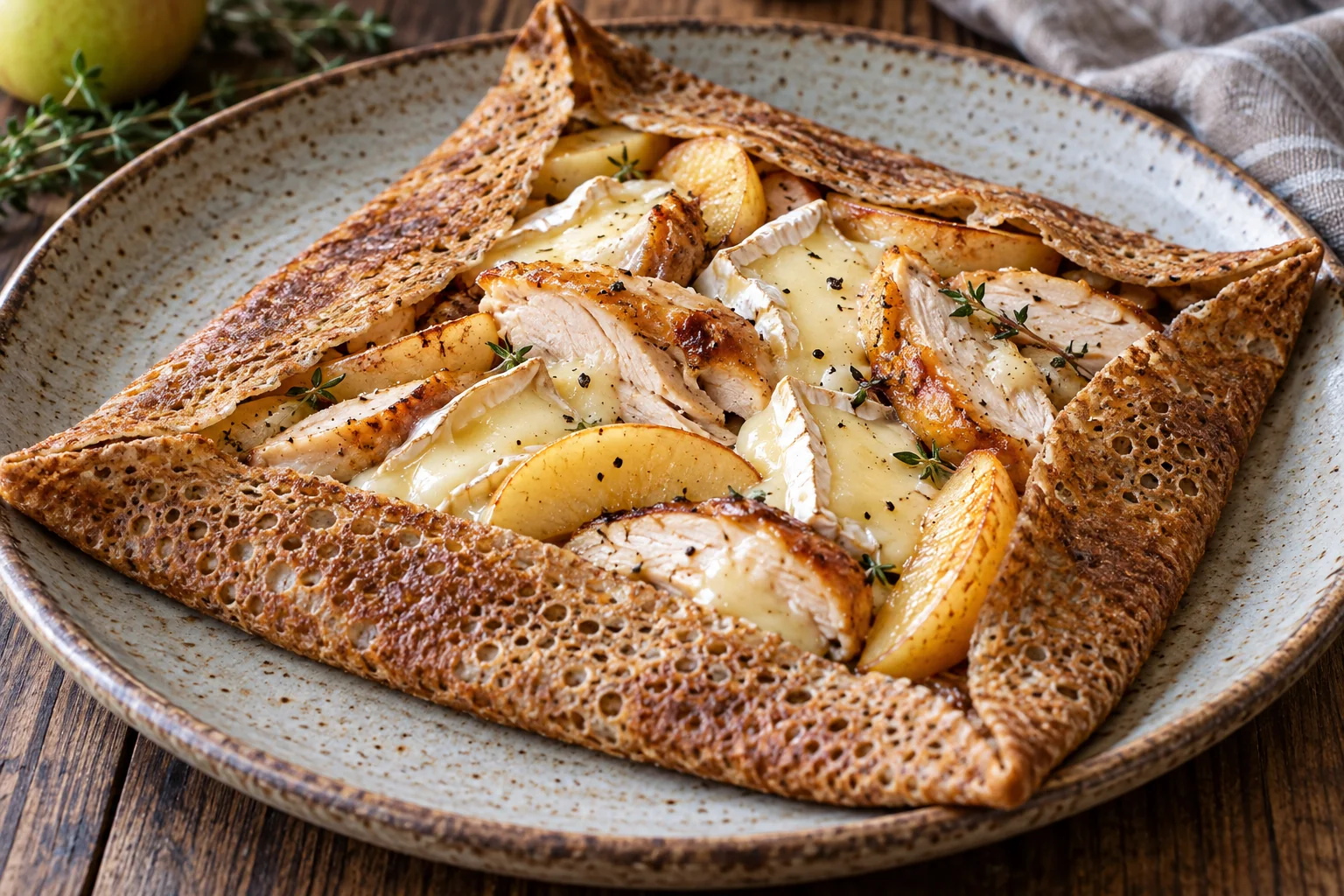 Galette poulet rôti, camembert et pommes