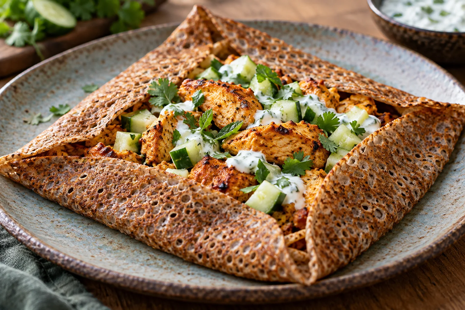 Galette poulet tandoori, concombre et yaourt
