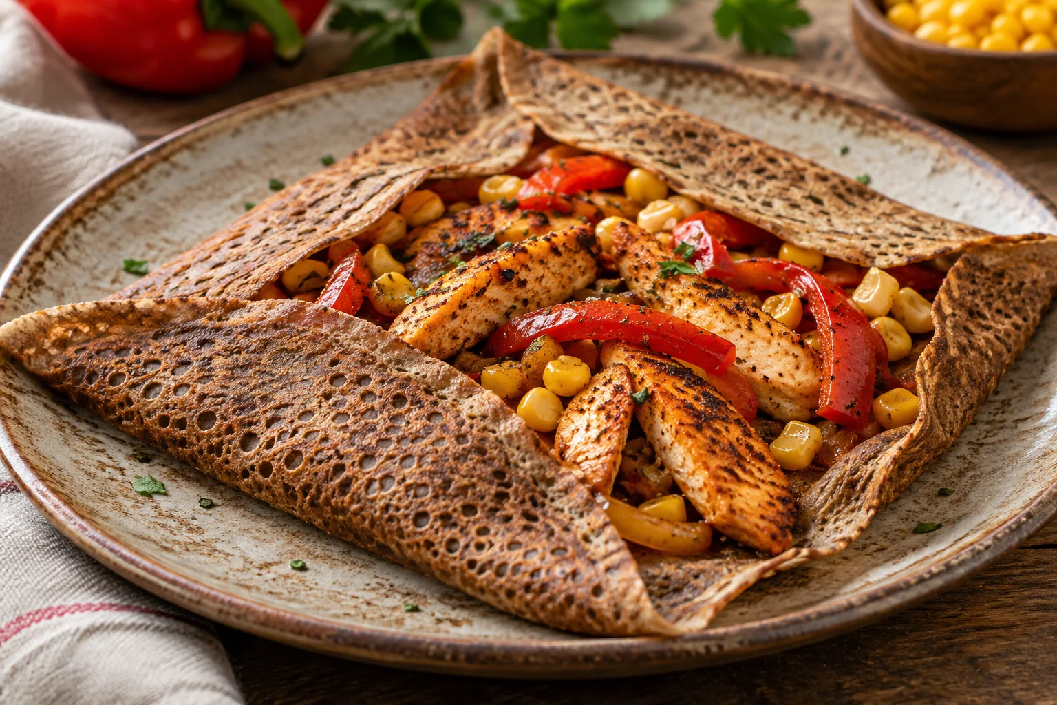 Galette poulet cajun, maïs et poivrons