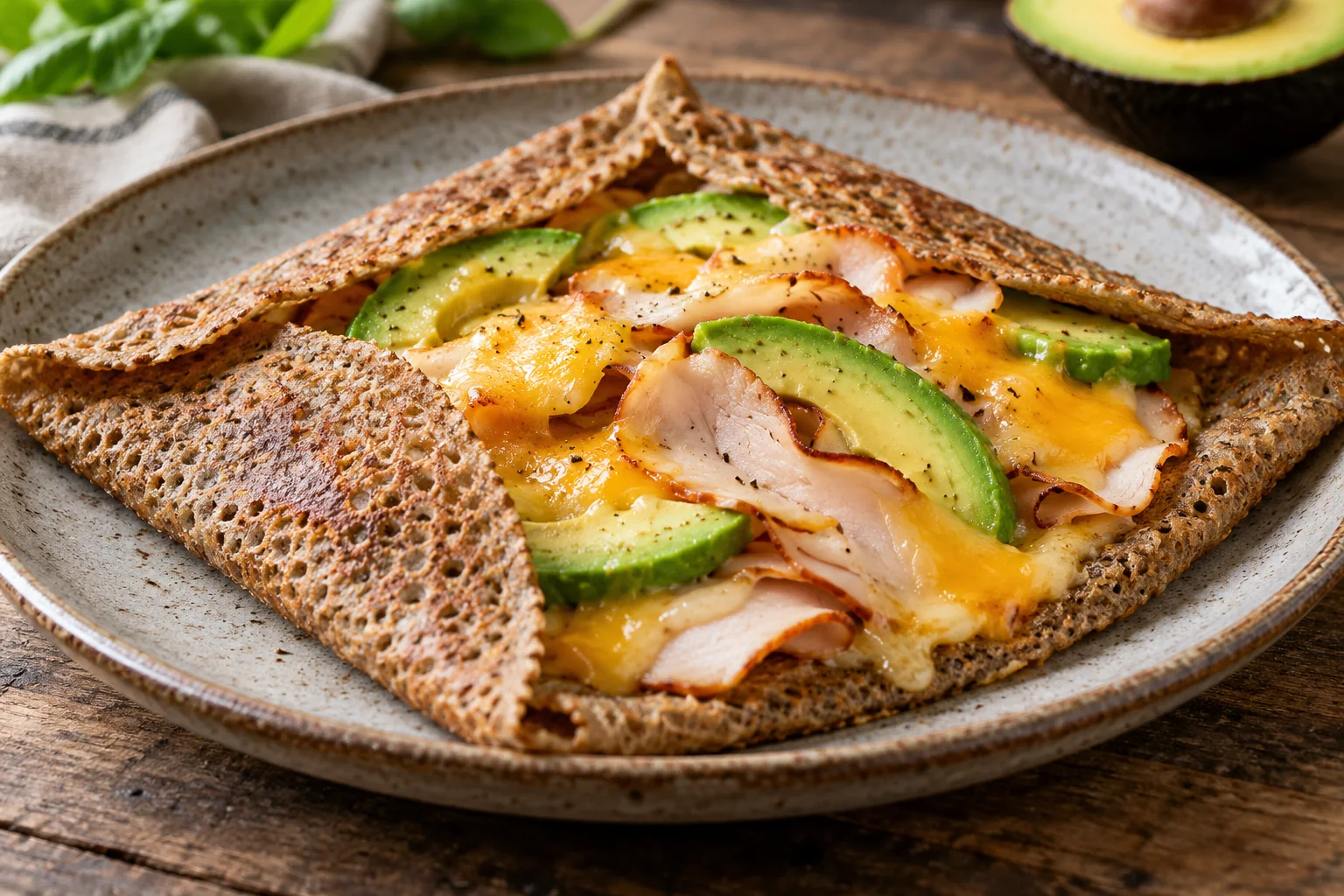 Galette dinde fumée, avocat et cheddar