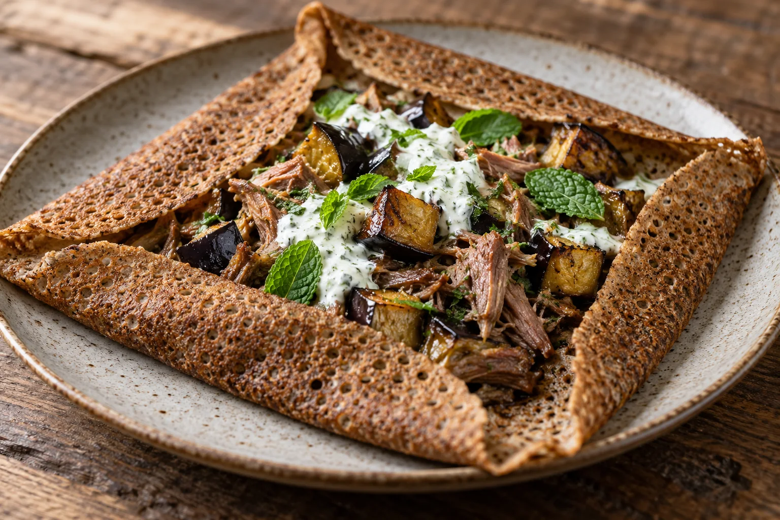 Galette agneau confit, aubergines et yaourt à la menthe