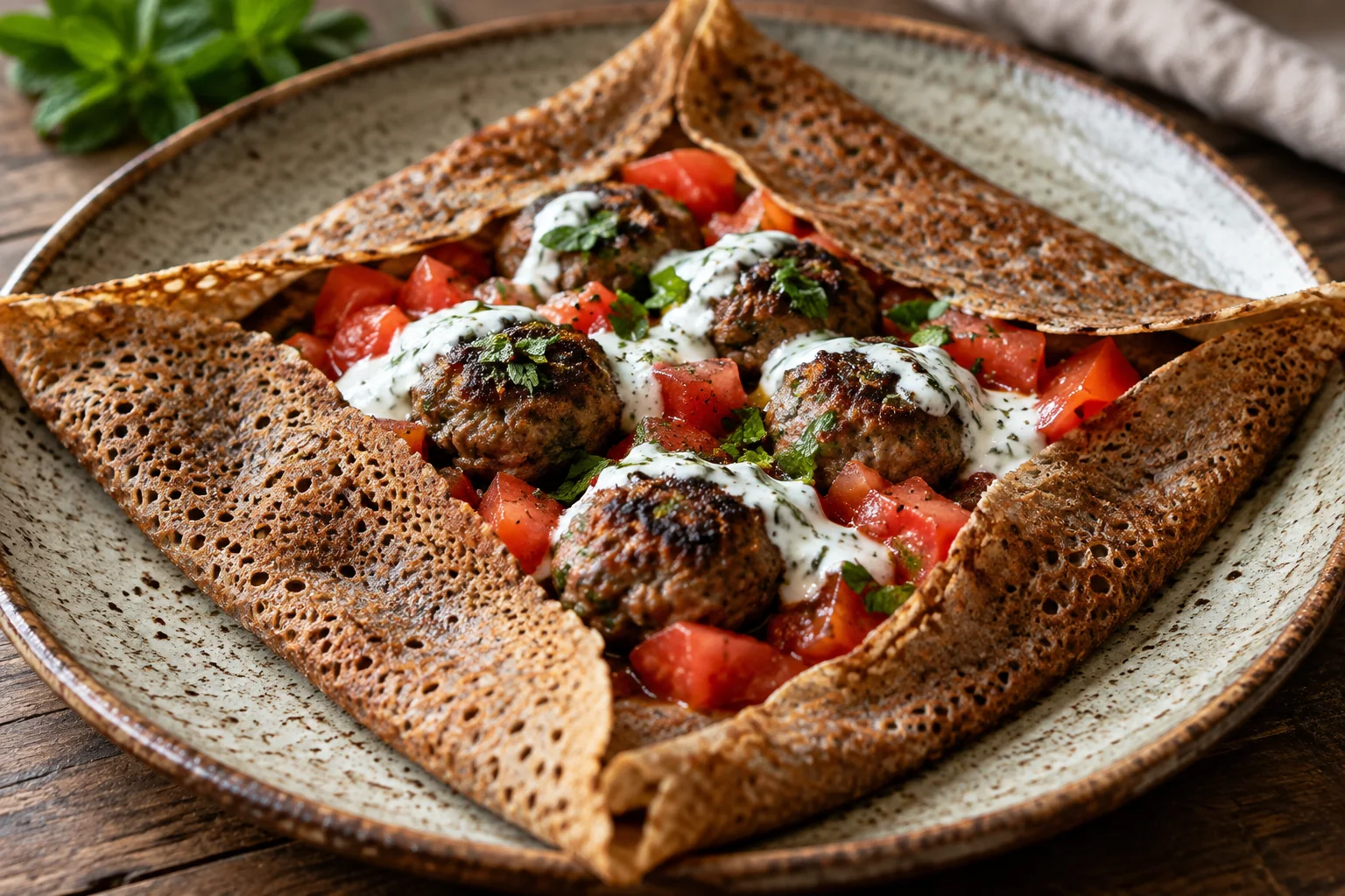 Galette kefta, tomates et sauce au yaourt