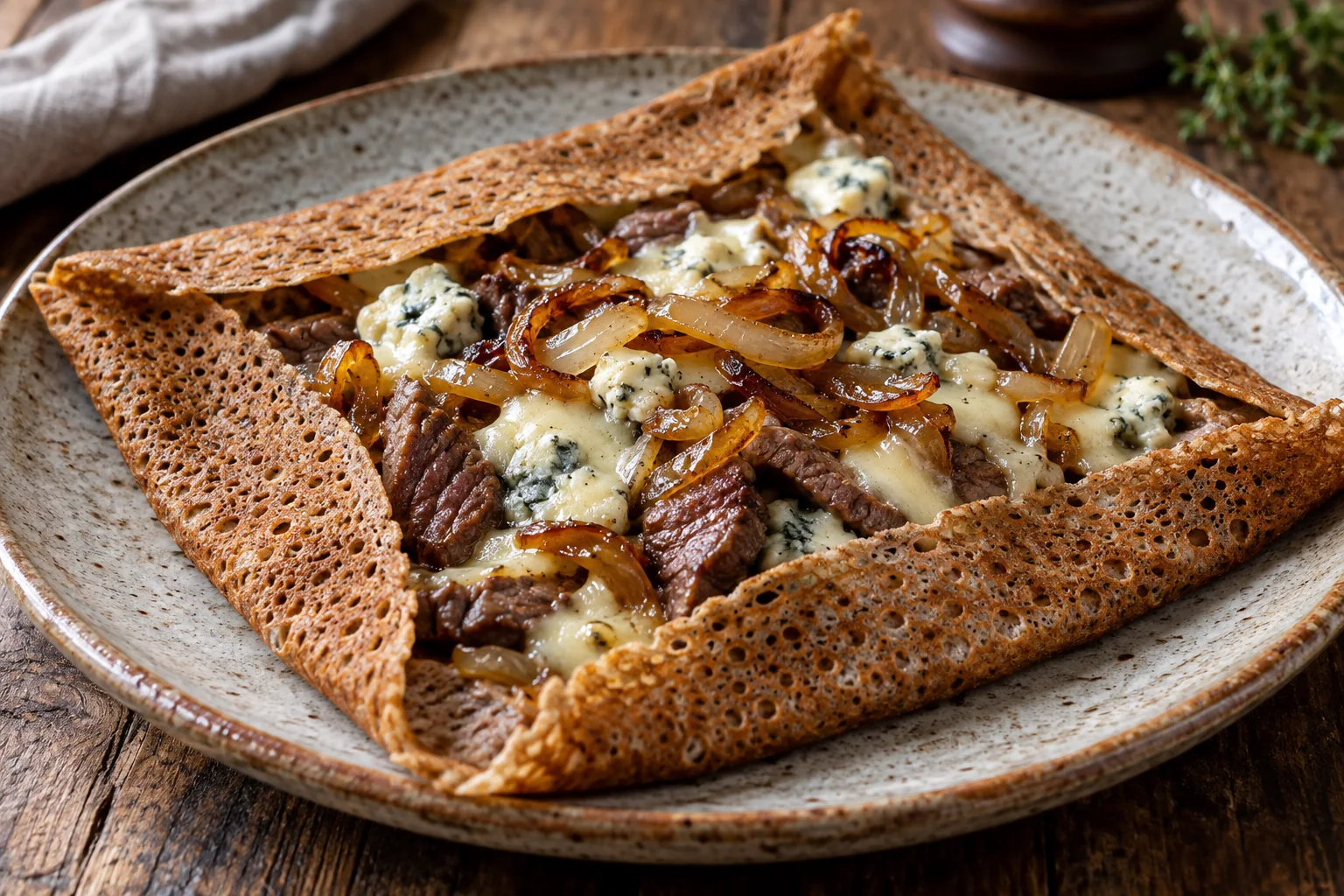 Galette bœuf, bleu et oignons caramélisés